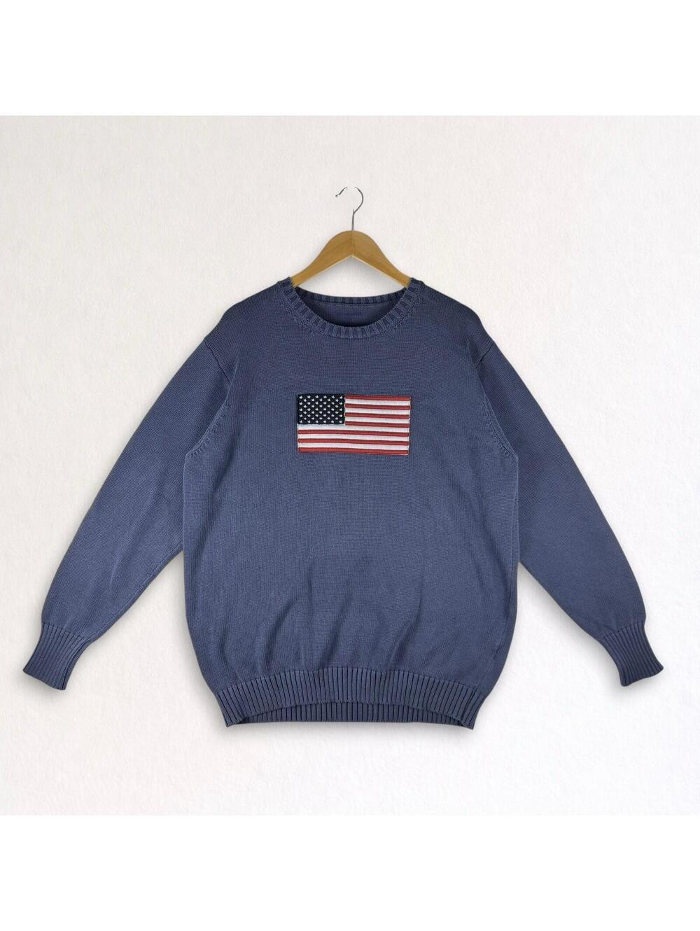 Vintage American Flag Sweater Men Large Blue Knit Pullover USA Flag 4th Of July